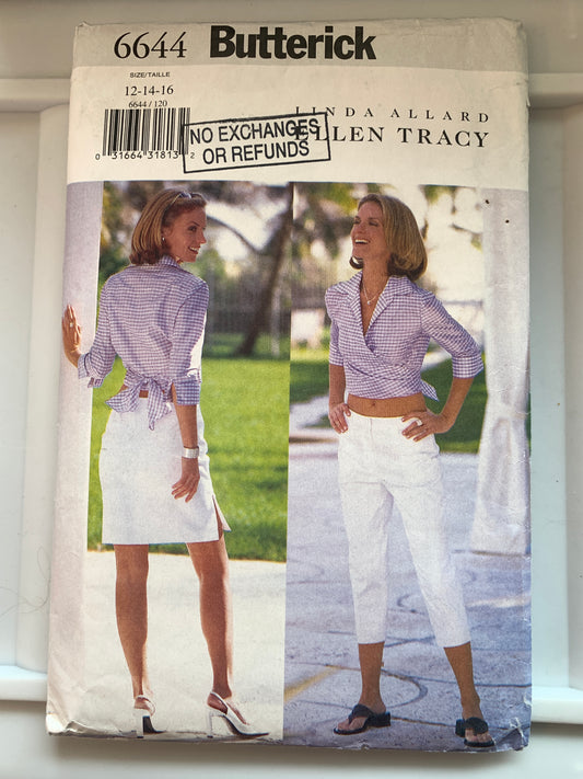 Butterick Linda Allard/Ellen Tracy Sewing Pattern 6644 Misses' Blouse, Skirt, Pants Size 12-16, Cut, 2000