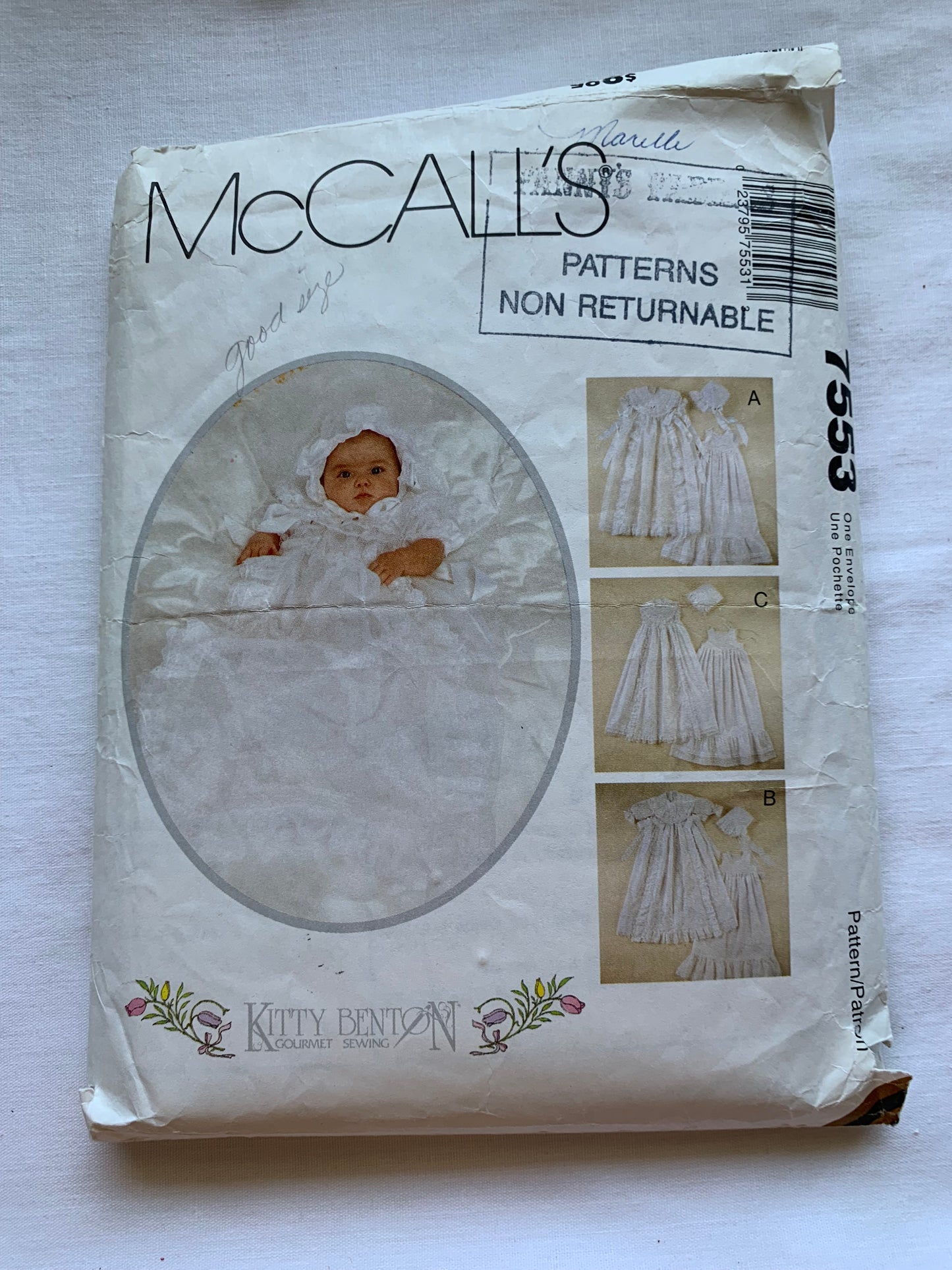 McCall's 7553 Infants' Christening Gown, Slip, Bonnet, Size 7-18 Pounds., Cut, Vintage 1996