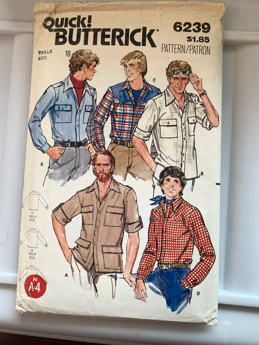 Butterick Sewing Pattern 6239 Men's Shirt, Semi-Fitted, Collar, Long/Short Sleeves, Pockets, Size 16, Cut, Vintage 1979