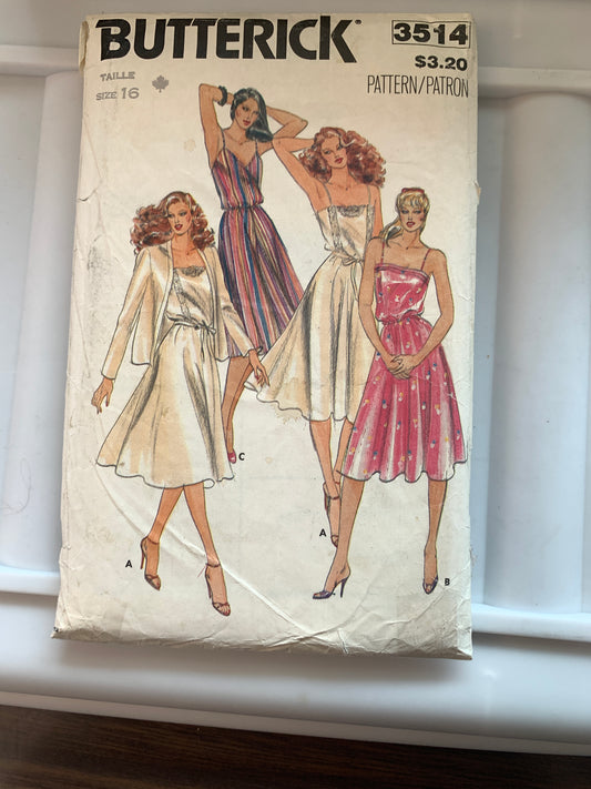 Butterick Sewing Pattern 3514 Misses' Jacket, Dress, Loose-Fitting, Shoulder Straps, Sleeveless, Size 16, Cut, Vintage 1996