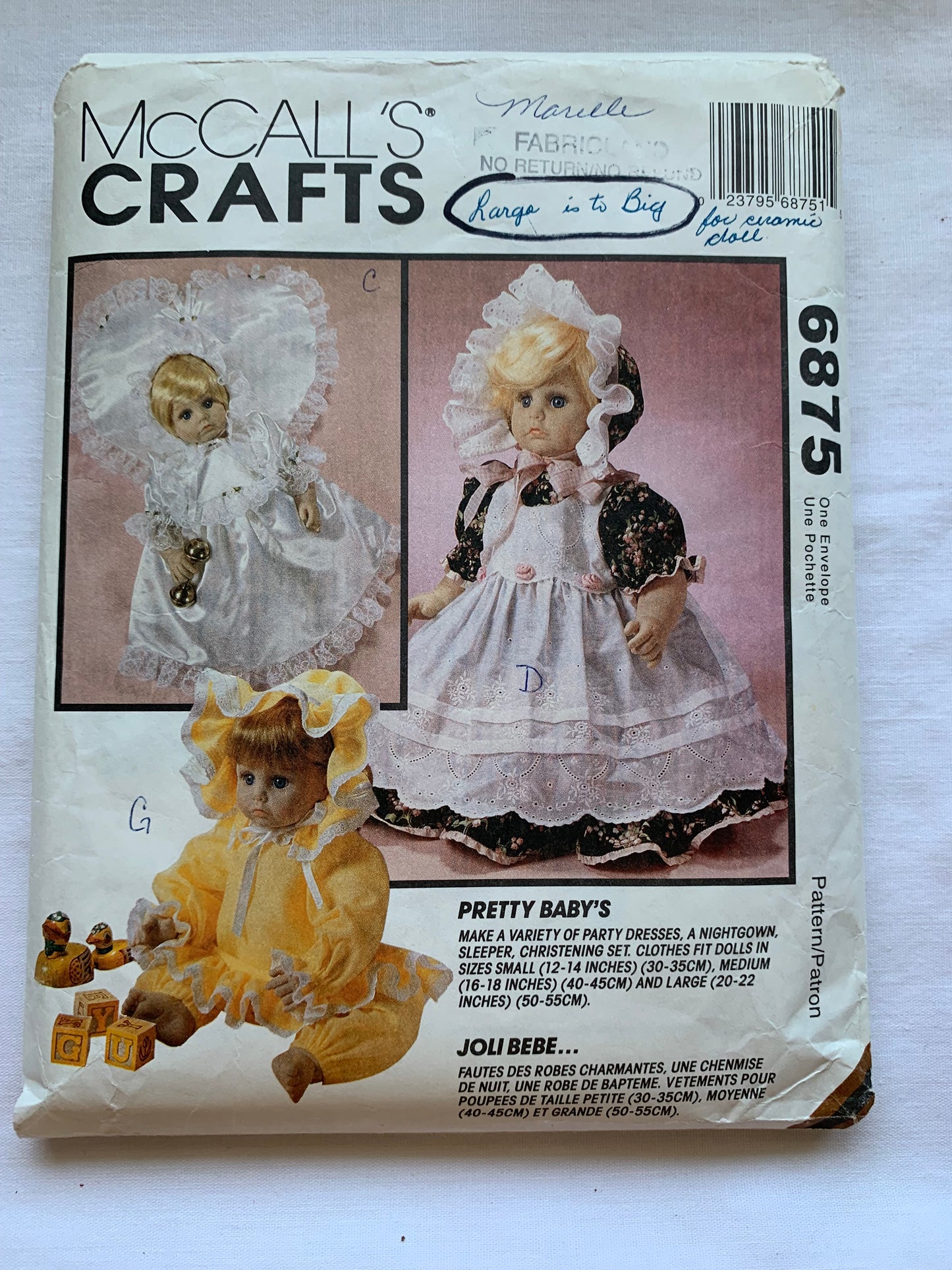 McCall's Sewing Pattern 6875 12-22 Inch Baby Doll Clothes,Dresses, Nightgown, Sleeper, Christening Set, 3 Sizes, Cut, Vintage 1993