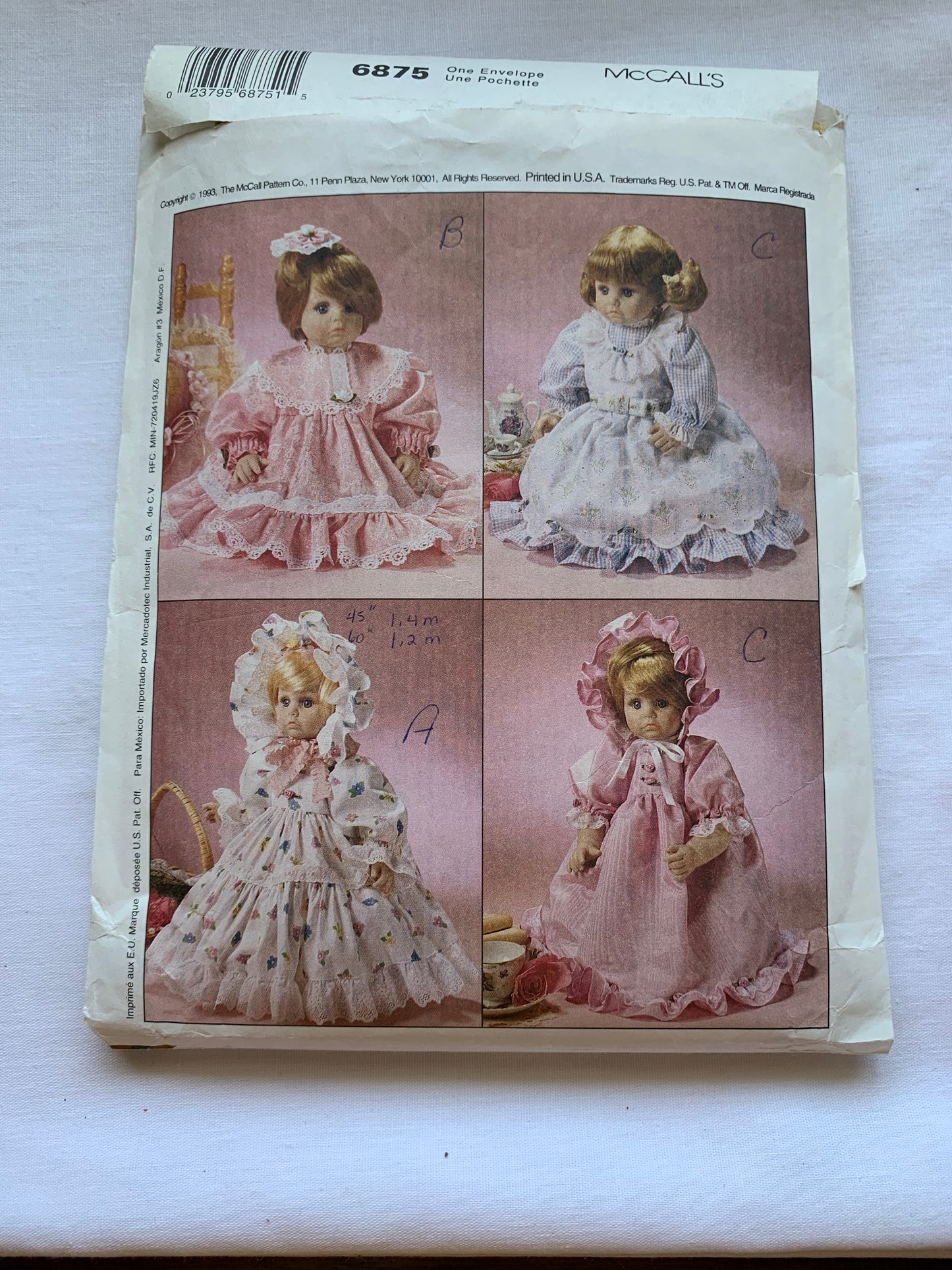 McCall's Sewing Pattern 6875 12-22 Inch Baby Doll Clothes,Dresses, Nightgown, Sleeper, Christening Set, 3 Sizes, Cut, Vintage 1993