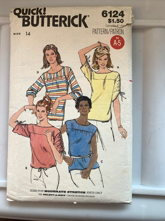 Butterick Sewing Pattern 6124 Misses' Top, Semi-Fitted, 4 Variations, Long/Short Sleeves, Pullover, Size 14, Cut, Vintage 1985