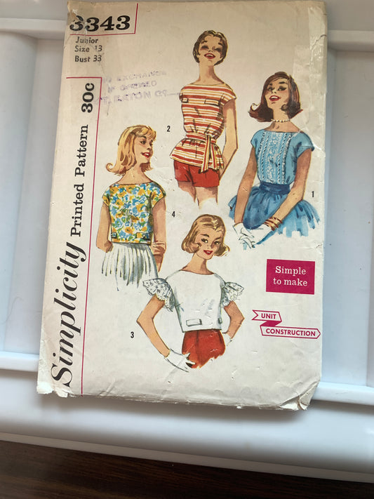 Simplicity Sewing Pattern 3343 Misses'/Junior Blouses, Short Sleeves, Sleeveless, Tie Collar, 4 Variations, Size 13, Cut, Vintage 1950