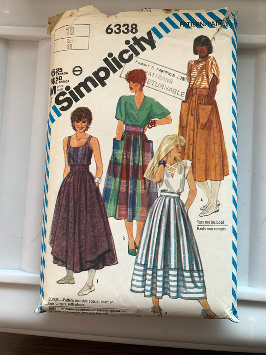 Simplicity Sewing Pattern 6338 Misses' Skirts, Side Zipper, Two Lengths, Size 10, Cut, Vintage 1981