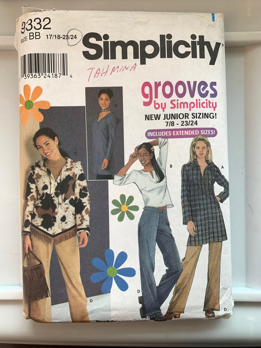 Simplicity Grooves Sewing Pattern 9332 Misses'/Juniors' Dress, Top, Pants, Pullover, Hood, Zipper Front, Size 17-24, Cut, 2000