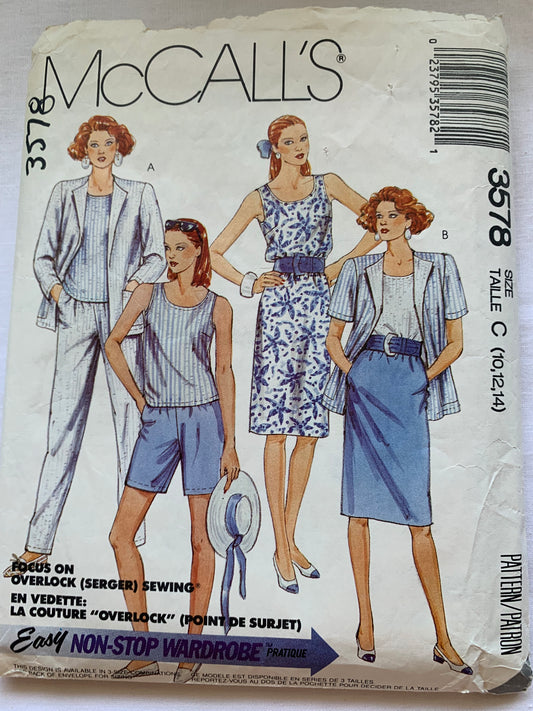McCall's Sewing Pattern 3578 Misses' Unlined Jacket, Top, Pants, Shorts, Long/Short Sleeves, Pockets, Size 10-14, Cut, Vintage 1998
