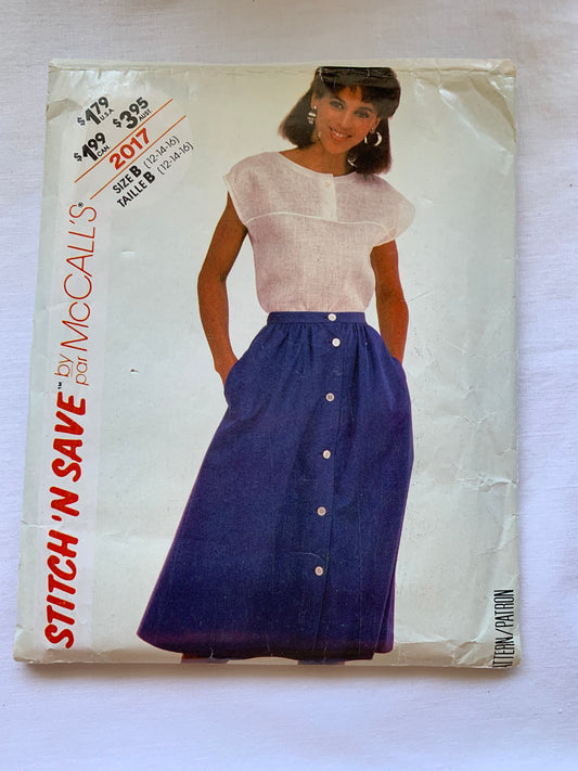McCall's Sewing Pattern Stitch 'n Save 2017 Misses' Top, Shirt, Skirt, Short Sleeves, Button Front, Pockets, Size 12, Cut, Vintage 1985