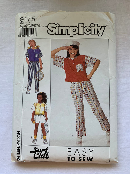 Simplicity Sewing Pattern 9175 Girls' Top, Pants, Shorts, Short sleeves, Pockets, Elastic Waist, Short Sleeves, Size7-14, Cut, Vintage 1989