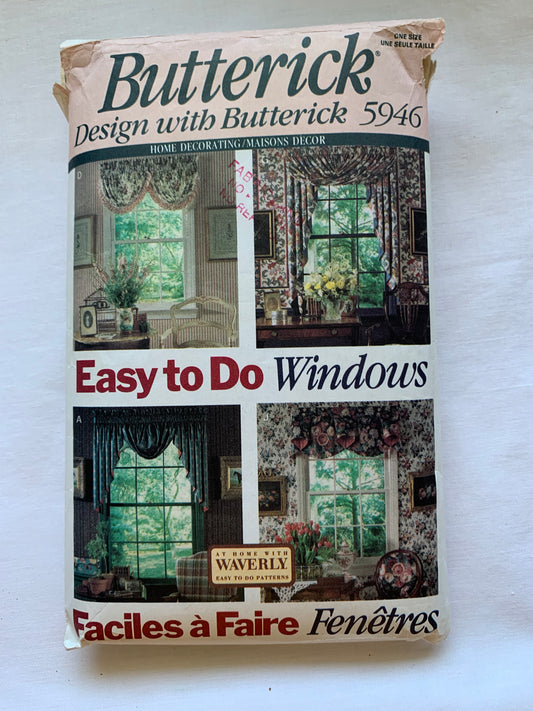 Butterick Sewing Pattern 5946 Window Shades, Coverings, 12 Variations, Unlined, Curtains, Jabot, Valance, Swag, Cafe, Cut, Vintage 1992