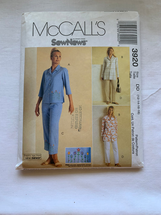 McCall's Sewing Pattern 3920 Misses'/Miss Petite Top, Pants, 2 Lengths, Button Front, Size 12-18, Cut, 2003