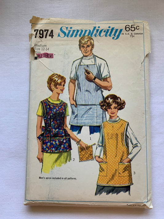 Simplicity Sewing Pattern 7974 Misses'/Men's Bib Aprons, Potholder, Over The Head, Pockets, Back Tie, 3 Variations, Size 12-14, Cut, Vintage 1968