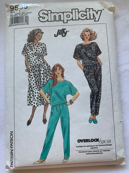 Simplicity Jiffy Sewing Pattern 9569 Misses' Skirt, Pants, Pullover Top, Elastic Waist, Loose-Fitting, Size 6-24, Cut, Vintage 1988