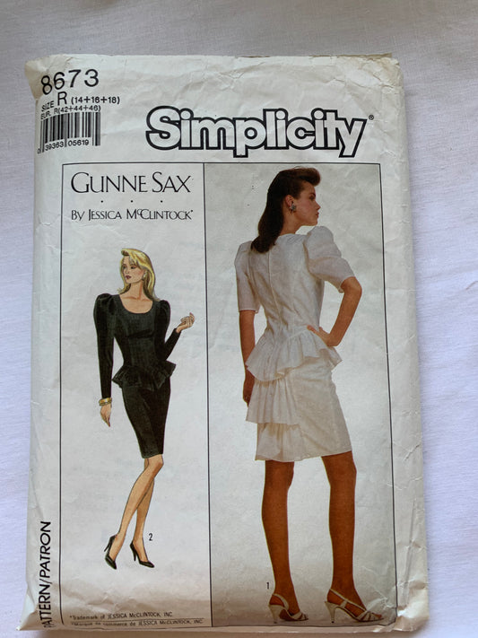 Simplicity Sewing Pattern Jessica McClintock 8673 Misses'/Misses' Petite, Dress, Zipper Back, Long/Short Sleeves, Flounces, Princess Seams, Size 14, Cut, Vintage 1988