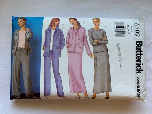 Butterick Sewing Pattern 6709 Misses' Jacket, Top, Skirt, Pants, Loose Fitted, Long/Short Sleeves, Hood, Zipper Front, Elastic Waist, Size 18-220, Cut, 2000 Media 1 of 2