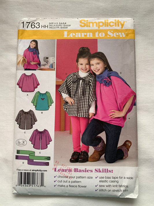 Simplicity Sewing Pattern 1763 Girls' Knit Top, Fleece Capelet, Scarf, Size 3-14, Uncut, 2000