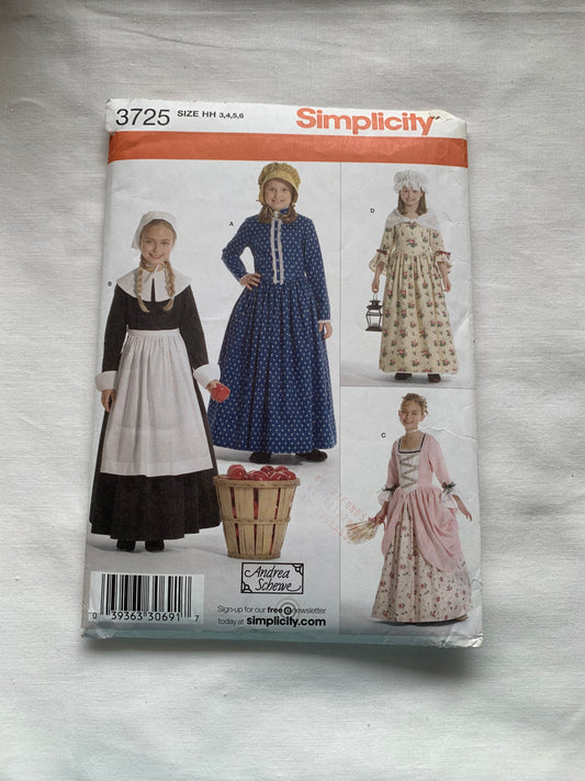 Simplicity Sewing Pattern 3725 Girls' Costumes Pioneer, Quaker, Renaissance, Dress, Cap, Apron, Tie Belt, Cape, Hat, Size3-6, Uncut, 2007