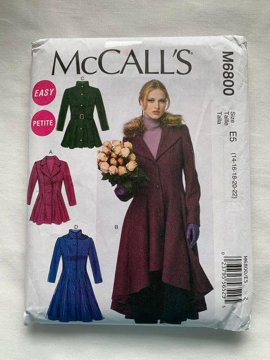 McCall's Sewing Pattern M6800 Misses'/Miss Petite Lined Coats, Fitted, Three Lengths, Collar, Hood, Belt, Long Sleeves, 3 Variations, Size 14-22, Uncut, 2013
