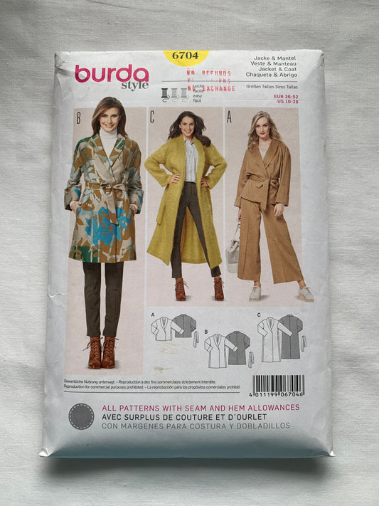 Burda Sewing Pattern 6704 Misses' Coat, Jacket, Semi-Fitted, 3 Lengths, Collar, Wrap Front, Size 6-18, Uncut, 2015