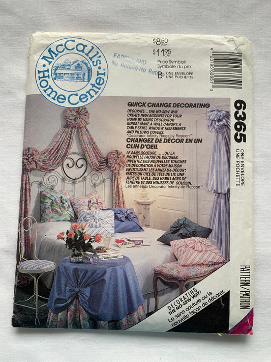 McCall's Home Decorating Sewing Pattern 6365 Bedroom, Wall Canopy, Table Skirt, Pillow Covers, Window Treatments, Uncut, Vintage 1998