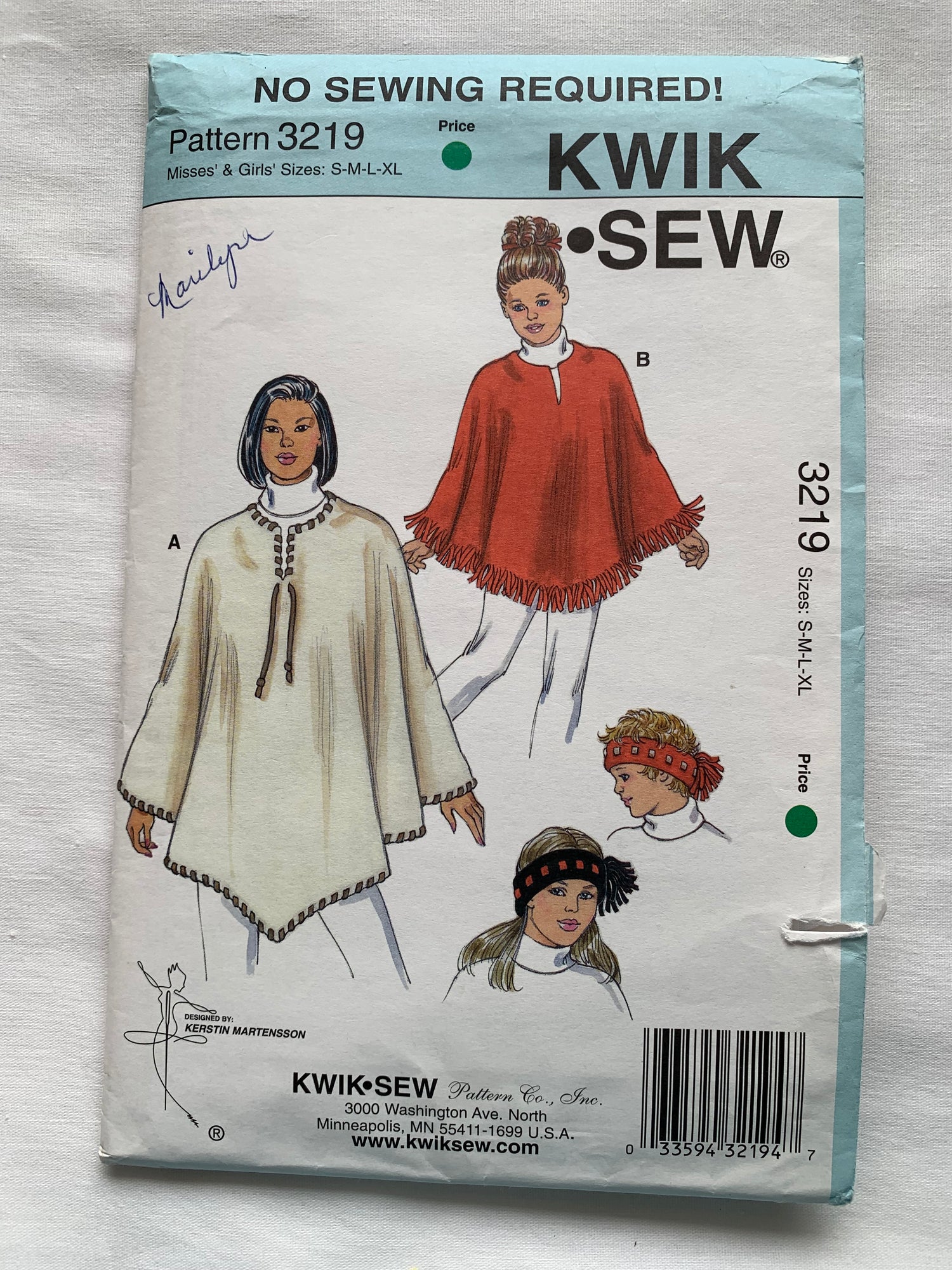 KWIK Sewing Pattern 3219 Misses'/Girls' Ponchos, Headband, 2 Variations, Fringe, Size S-XL, Uncut, 2003