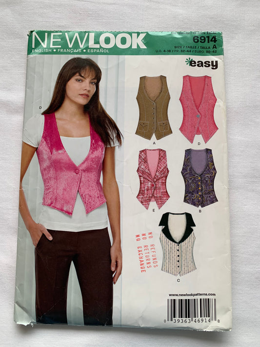 Simplicity New Look Sewing Pattern 6914 Misses' Vest, 6 Variations, Sleeveless, Button Front, Waistcoat, Size 4-16, Uncut, 2011