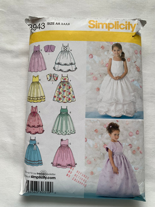 Simplicity Sewing Pattern 3943 Child's Dress, Bolero, Flared, Zipper Back, Sleeveless, 10 Variations, Size 3-8, Uncut, 2006