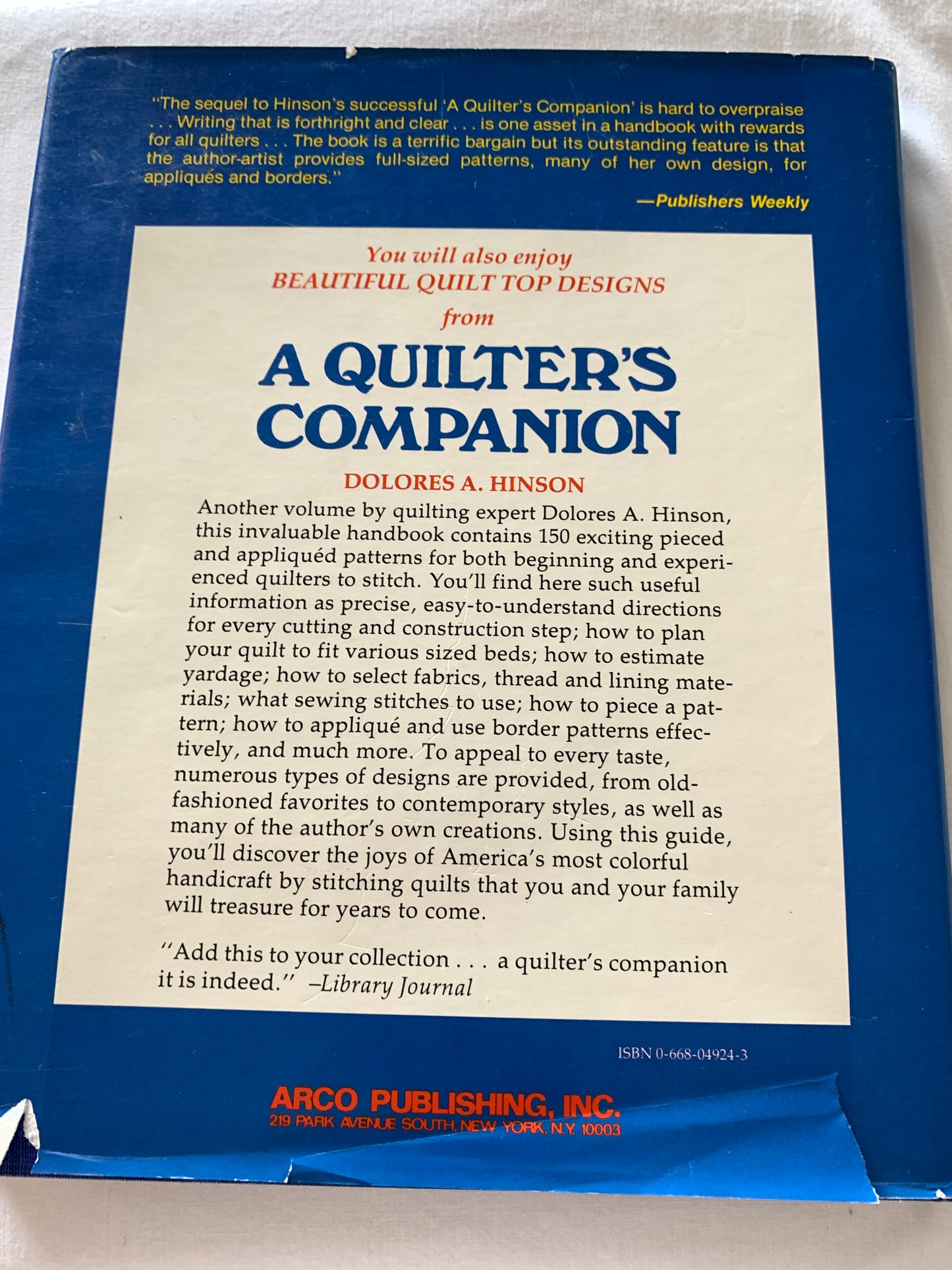 Quilter's Companion, Patterns, Needlework, Dolores A Hinson, Instructions