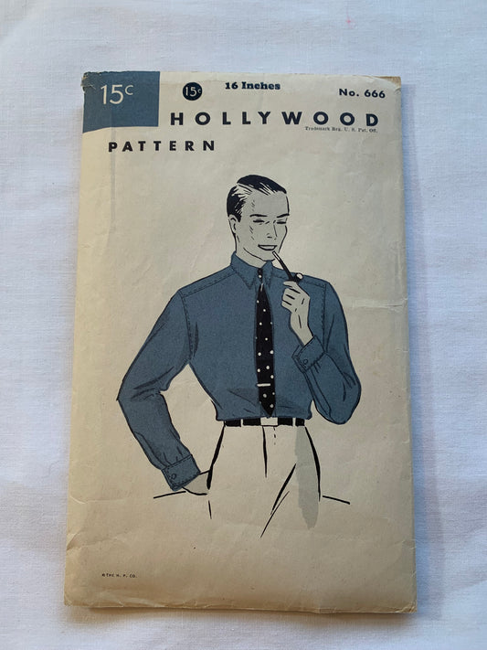 Hollywood Sewing Pattern 666 Men's Shirt, Long Sleeves, Collar, Button Front, Cut, Size 16" Neck, Vintage 1943