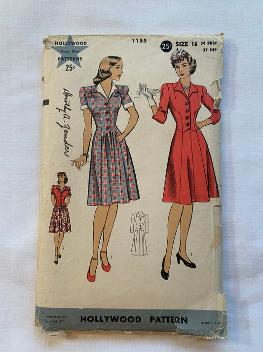 Hollywood Sewing Pattern 1155 Misses' Dress, Two Variations, Button Front, Long/Short Sleeves, Collar, Dorothy A Zender, Cut, Size 16, Vintage 1943