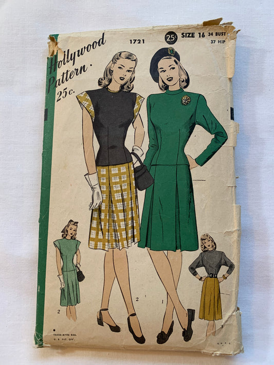 Hollywood Sewing Pattern 1721 Misses' Skirt, Blouse, Two Variations,Pullover, Long/Short Sleeves, Collar, Cut, Size 16, Vintage 1941