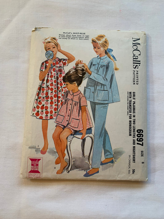 McCalls Sewing Pattern 6697 Girls' Pajamas, Nightshirt, Long/Short Sleeves, Two Lengths, Pull-On Pants/Shorts, Top, Robe, Housecoat, Button Front, Pockets, Size 8, Cut, Vintage 1960