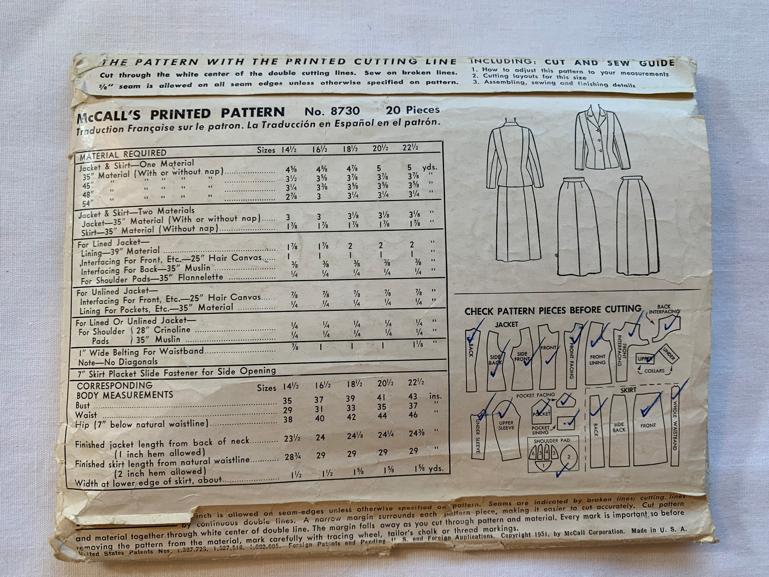 McCall's Sewing Pattern 8730 Misses'Women's Half Size Jacket, Skirt, Lined, Shoulder Pads, Pockets, Side Zipper, Size 14 1/2, Cut, Vintage 1951