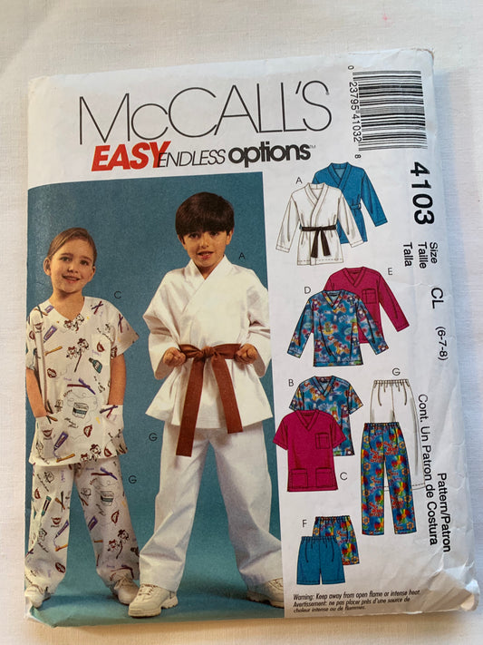 McCalls Sewing Pattern 4103 Boys'/Girls' Top, Shorts, Pants, Elastic Waist, Pull-On, Long/Short Sleeves, Pullover, Belt, Pockets, V-Neck, Size 6-7, Cut, 2003