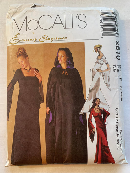 McCall's Sewing Pattern Evening Elegance 2810 Misses'/Misses' Petite Dresses, Floor Length, Zipper, Long Sleeves, Cape, Hood, Gown, Empire Bodice, Size 16-20, Cut, 2000
