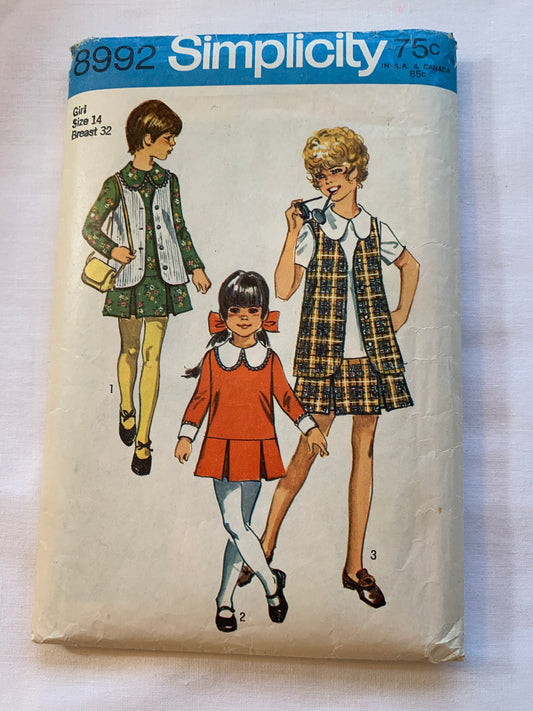 Simplicity Sewing Pattern 8992 Child's/Girls' One Piece Dress, Detachable Collar, Vest, Long/Short Sleeves, Zipper Back, Size 14, Cut, Vintage 1970