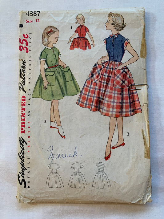 Simplicity Sewing Pattern 4387 Child's/Girls' One Piece Dress, Mandarin Collar, Short Sleeves, Button Front, Flared Skirt, Pockets, Size 12, Cut, Vintage 1950