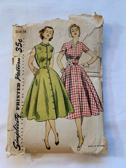 Simplicity Sewing Pattern 3851 Misses' Dress, Full Skirt, Pockets, Button Front, Short Sleeves, Sleeveless, Two Variations, Size 16, Cut, Vintage 1953