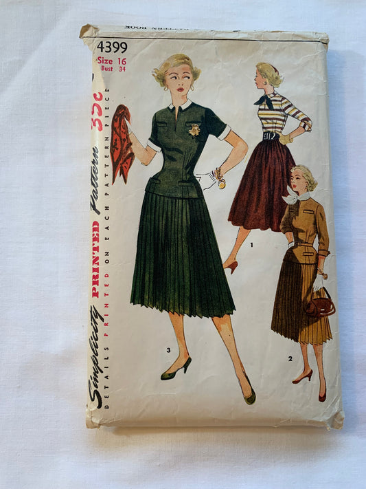 Simplicity Sewing Pattern 4399 Misses'Junior Blouse, Detachable Collar, Skirt, Zipper, Long/Short Sleeves, Fitted, Size 16, Cut, Vintage 1953