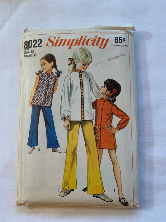 Simplicity Sewing Pattern 8022 Girls' Dress, Mini Dress, Bell-Bottom Pants, Elastic Waist, Button Front, Long Sleeves, Sleeveless, Size 12, Cut, Vintage 1968