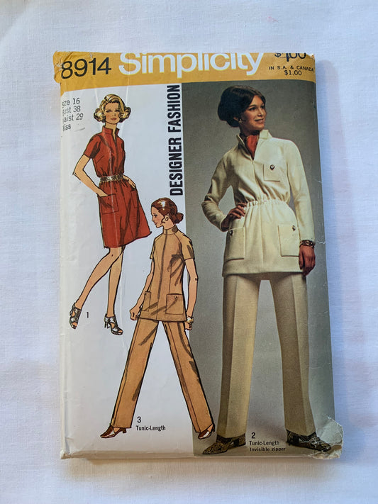 Simplicity Sewing Pattern 8914 Misses' Dress, Tunic, Pants, Raglan Short Sleeves, Pockets Size 16, Cut, Vintage 1970