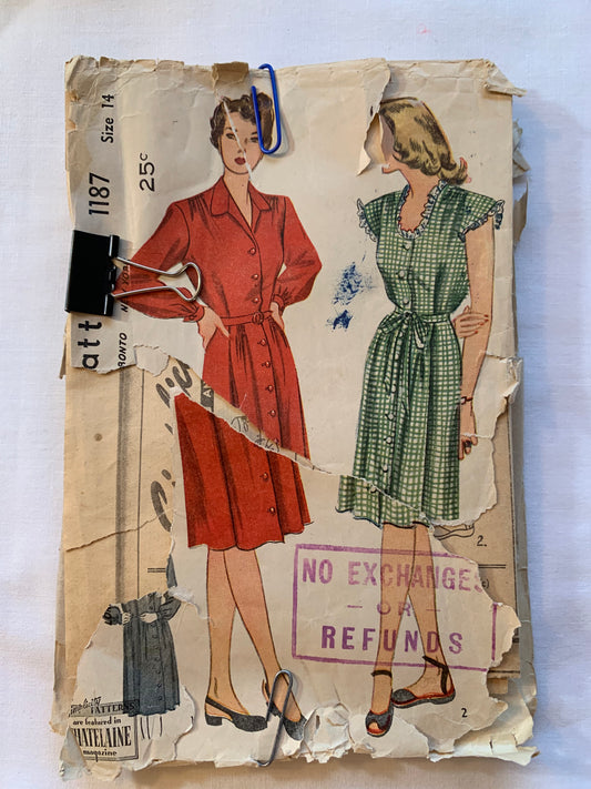 Simplicity Sewing Pattern 1187 Misses' Maternity Dress, Long/Short Sleeves, Button Front, Tie Belt, Collar, Size 14, Cut, Vintage 1945