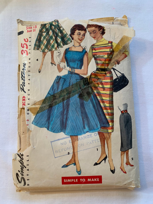 Simplicity Sewing Pattern 12479 Misses'/Juniors' Dress, Jumper, Skirt, Side Zipper, Sleeveless, Straight/Flared Skirt, Pockets, 2 Variations, Size 13, Cut, Vintage 1955