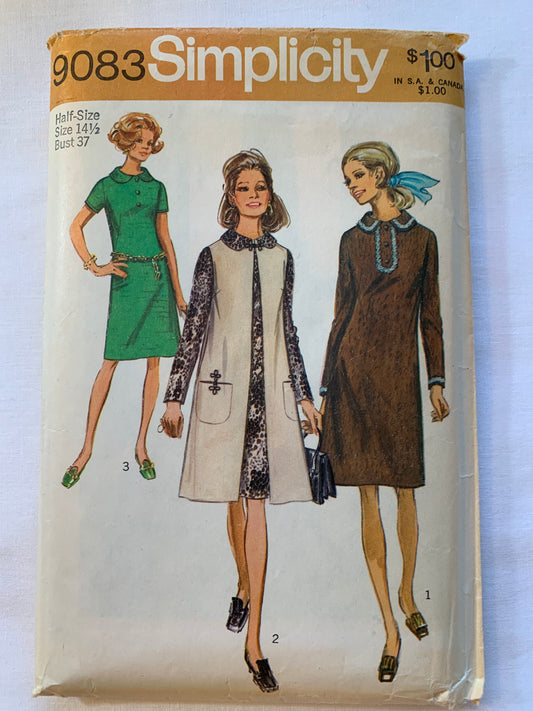 Simplicity Sewing Pattern 9083 Misses' Dresses,Vest Coat, Long/Short Sleeves, 3 Variations, Half Sizes, Zipper Back, Size 14 1/2, Cut, Vintage 1970