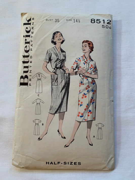 Butterick Sewing Pattern 8512 Misses' Dress, Half Size, Semi-Fitted, Long/Short Sleeves, Elastic Waist, Size 14 1/2, Cut, Vintage 1958