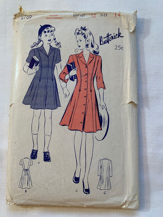 Butterick Sewing Pattern 2769 Girls' Princess Dress, Long/Short Sleeves, Collar, Pockets, Three Lengths, Size 14, Cut, Vintage 1940