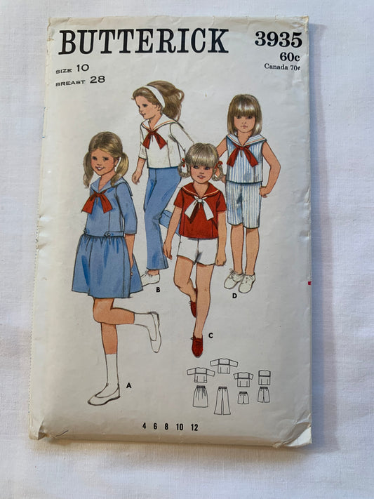 Butterick Sewing Pattern 3935 Girls' Blouse, Shorts, Pants, Skirt, Long/Short Sleeves, Loose-Fitting, Sleeveless, Elastic Waist, Pockets, Size 10, Cut, Vintage 1970