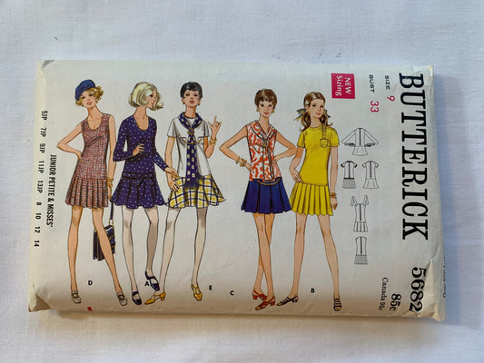 Butterick Sewing Pattern 5682 Misses'/Petite/Junior One-Piece Dress, Full Skirt, Sleeveless, Short/Long Sleeves, Zipper, Pockets, Size 9, Cut, Vintage 1969