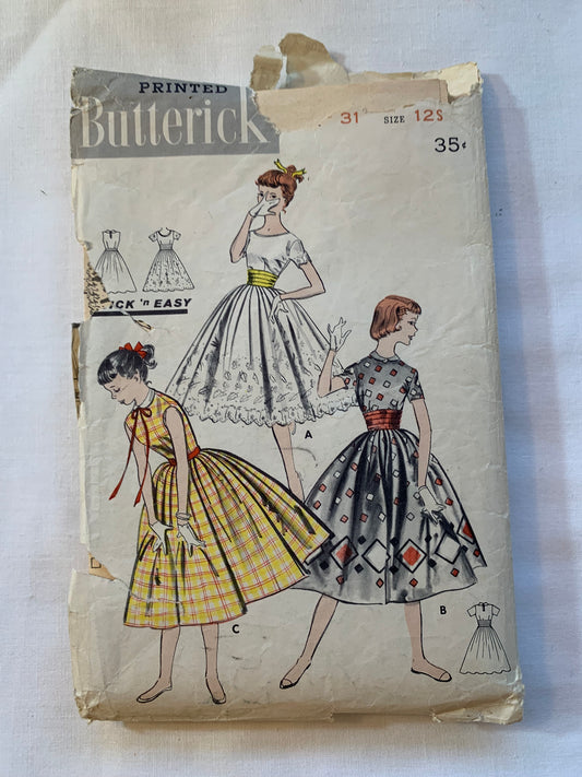 Butterick Sewing Pattern 8030 Misses'/Teens' Dress, Shoulder Pads, Cummerbund, Short Sleeves, Peter Pan Collar, Size 12, Cut, Vintage 1950