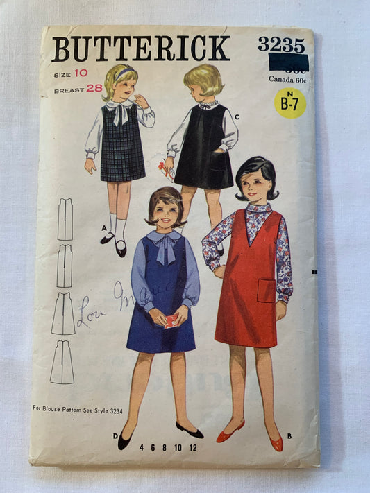 Butterick Sewing Pattern 3235 Girls' Jumper, Dress, Loose-Fitting, Zipper Back, Pockets, 4 Variations, Size 10, Cut, Vintage 1965